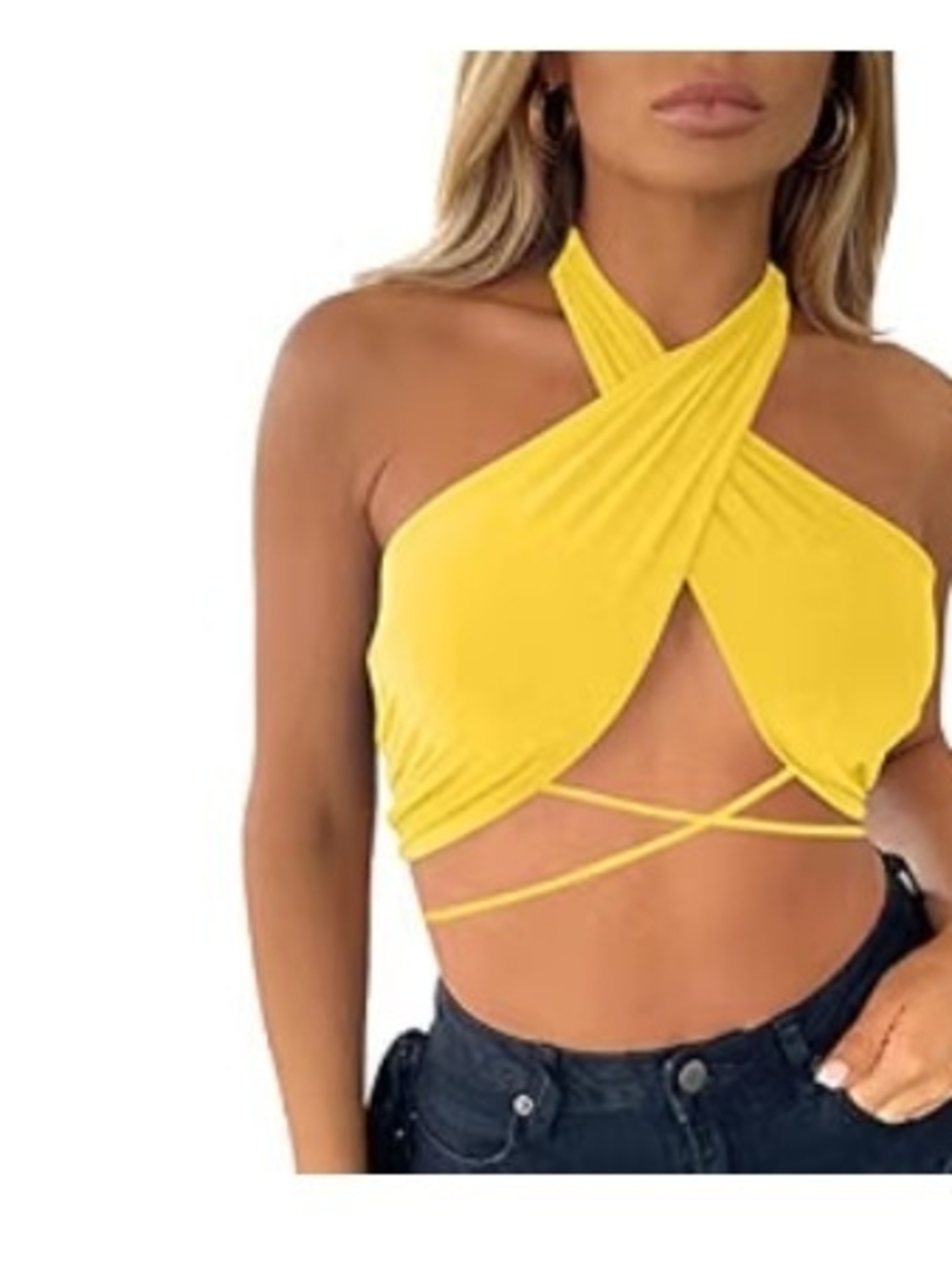 Yellow Crisscross Halter Crop Top